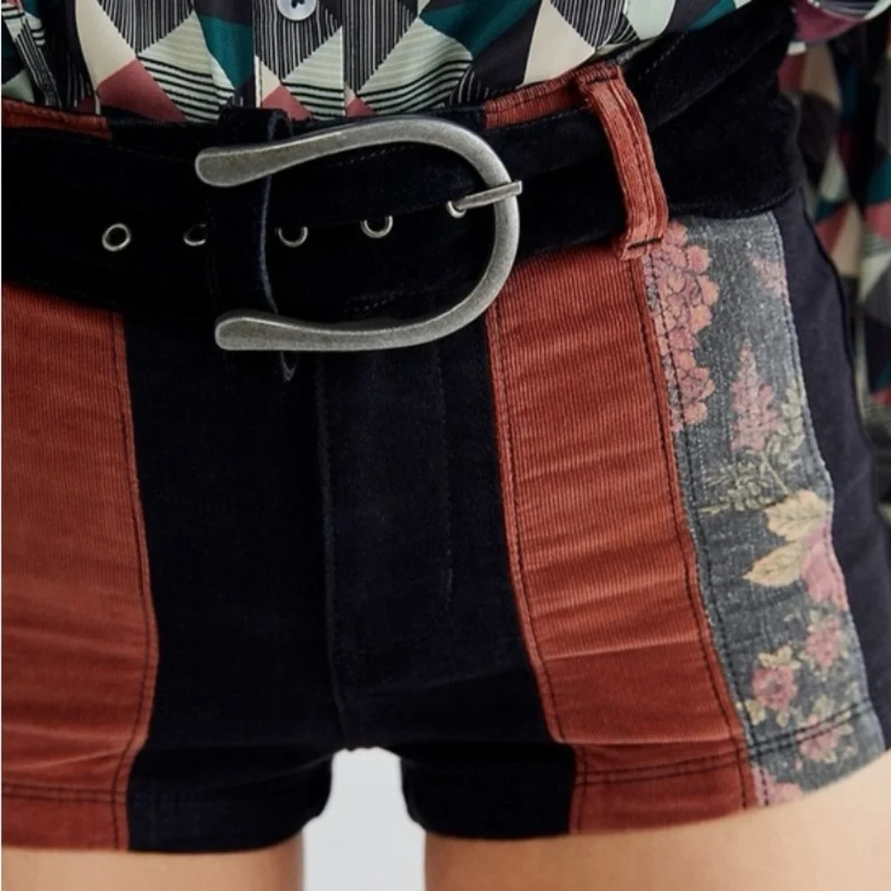Free People Patchwork High Rise Corduroy Black Denim Shorts - Picture 2 of 8